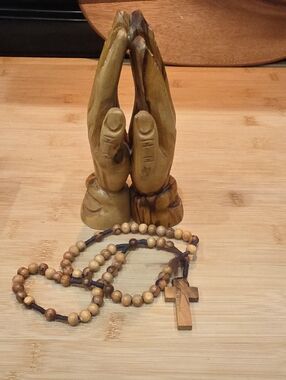Praying Hands Statue with Wooden Bead Rosary - Natural Brown